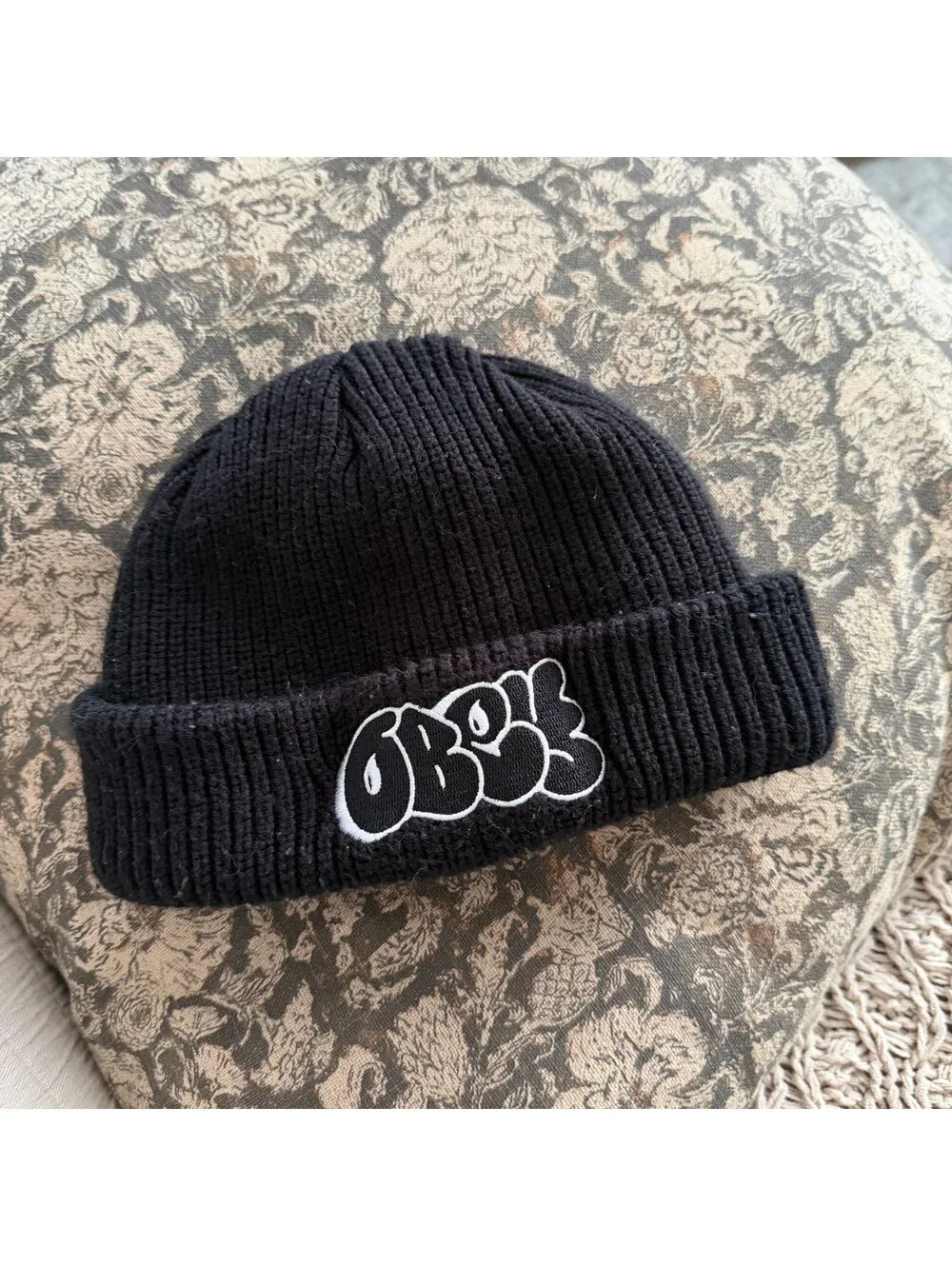 Obey beanie chunky bubble letters black with white contrast skater style